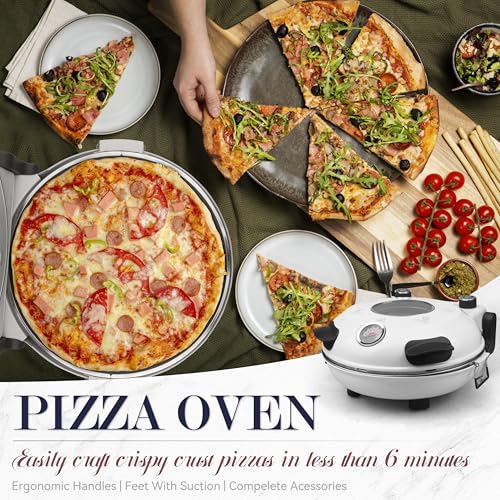 Image of Baker's Friend Electric Pizza Oven Indoor Countertop, 12 Inch Maker Machine for Home, Cooker & Grill, Premium Glazed Ceramic Stone Oven, Creamy White
