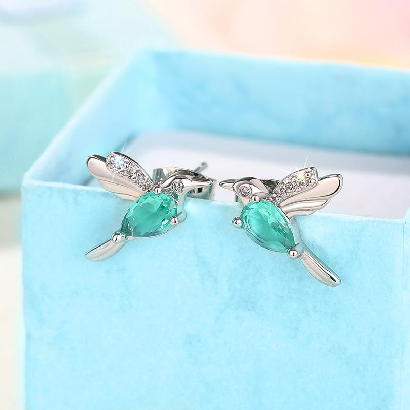 Cute Bird Hummingbird Animal Stud Earrings for Women 925 Sterling Silver Water Drop Emerald Dainty Simple Green Crystal Tiny Bird Stud Earrings for Her Jewelry Gifts - Image 3
