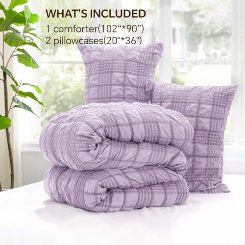 Image of BEDELITE King Size Comforter Set, Seersucker Bedding Set 3 Pieces, Lavender | All Season Use, Machine Washable, Soft and Lightweight, Ruched Comforter for Bedroom, Wrinkle-Resistant, Cozy and Stylish