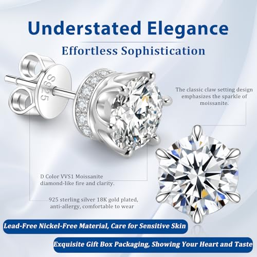 Moissanite Stud Earrings 1.2ct-2.4 ct DF Color Grade Round Cut Lab-Grown Moissanite Earrings 18K White Gold Plated Sterling Silver Friction Back for Women Men2