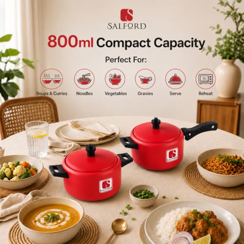 Image of SALFORD Tim & Tam Mini Cooker + Casserole Set (2 Pcs) | Compact & Functional Mini Cookware | 800 ml Mini Cooker & Casserole | Durable Build (Red)