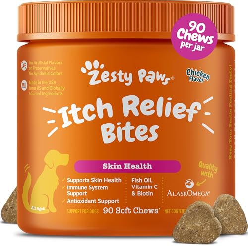 Zesty Paws Itch Relief for Dogs - Chews for Itching Skin & Coat - Omega-3 Fish Oil with EPA & DHA - Dog Allergy Relief Chews Supplement - Vitamin C & E Antioxidant Support - Chicken Flavor - 90 Count