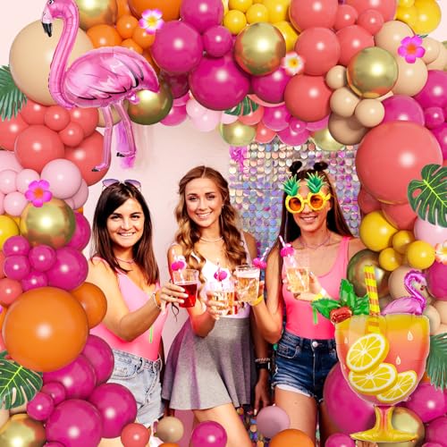 Image of Ouddy Life 178Pcs Tropical Balloons Arch Garland Kit Luau Party Decorations | Aloha Pineapple Coconut Hot Pink Aqua Blue Balloons with Palm Leaves for Hawaiian Summer Tropical Birthday Party Supplies