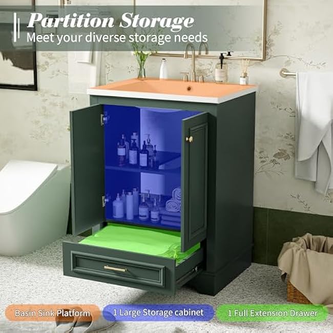 24 Modern Green Bathroom Vanity with 2 Doors & 2 Drawers, Freestanding, Soft Close Doors, Ceramic Sink