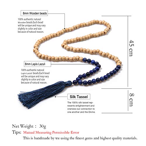 BALIBALI 8MM Semi-Precious Gem Stones Wood Mala Bead Necklace Multicolor Tassel Charms Chain Necklace Handmade Beaded Pendant Necklace for Women Men2