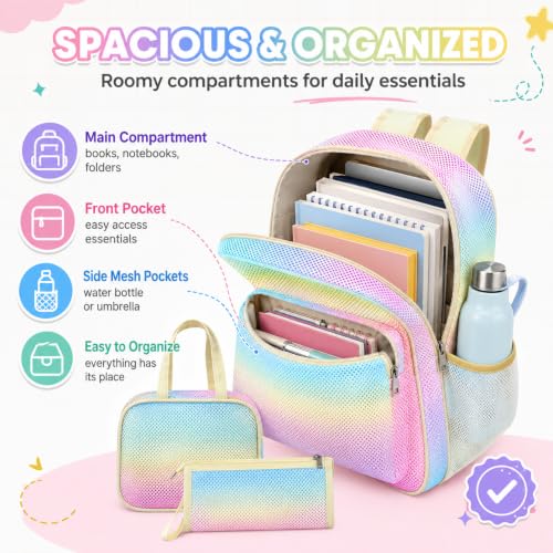 Image of Silkfly 3 Pcs Mesh Backpack Set, Heavy Duty Semi-transparent Bookbag with Lunch Bag Pencil Case for Travel, Beach, Sports