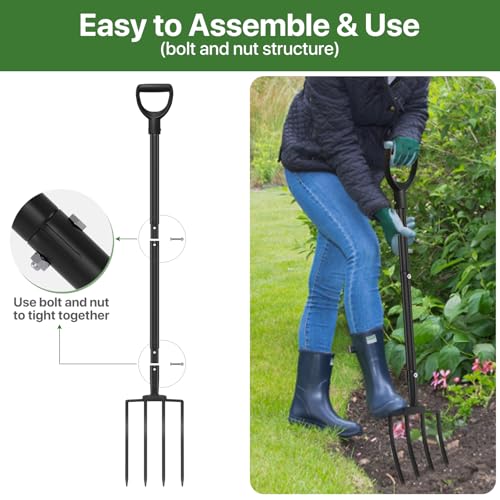 MANXRKUI Pitch Fork for Garden, 4-Tines Heavy Duty Pitchfork with Metal Handle, 45 Inches Gardening Spading Fork, Forged Steel Digging Fork for Composting, Transplanting, Aeration