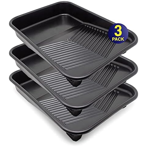 FoamPRO 309 9 inch Molded Plastic Paint Tray- 3 Pack, Black- Solvent-Proof Roller Trays w/Ladder Hook Legs- Durable Interior Exterior Home Painting Supplies & Tools for Paint Rollers & Roller Brushes Cover