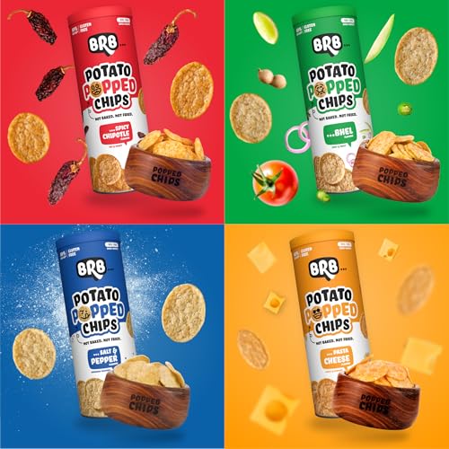 Image of BRB Popped Potato Chips | Not Baked, Not Fried | 4 Tubs X 85 Grams | 4 Flavours - Bhel, Spicy Chipotle, Salt & Pepper, Pasta Cheese | 60% Less Fat | Low Calorie | Healthy Snack (Pack of 3)