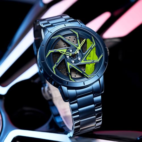 Image of FANMIS Men's Racing Car Wheel Watch 3D Spinning Dial Stainless Steel Watch | Creative 3D Spinning Car Quartz Large Skeleton Face and 30M Water Resistance Designed for Car Fans and Daily Wear.