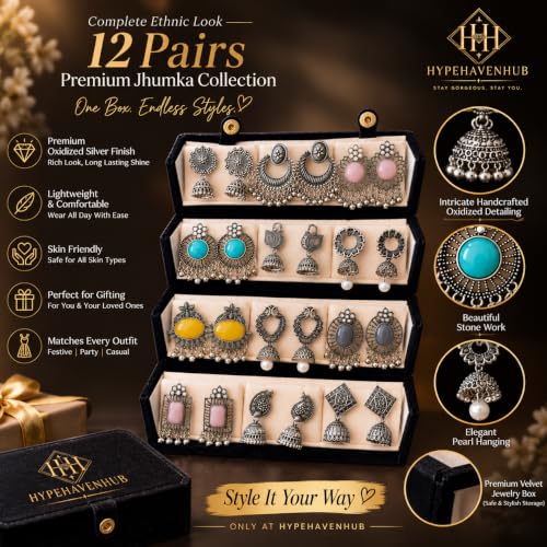 12 Pairs Oxidised Silver Earrings Set with Organizer Box - Image 8