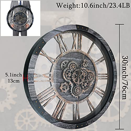 Topptik 30 Inch Moving Gear Wall Clock, Oversized Wall Clocks, Clock Living Room Decor, Solid Wood Frame, Battery Operated, Large Wall Clock With Steampunk Industrial For Fireplace(Gray) #TOP1