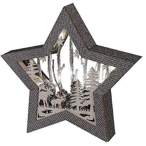 formano Étoile décorative en Bois de 34 cm avec lumière LED, Assortie, 1 pièce, Gris argenté, avec boîte à Piles et minuteur