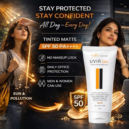 Image of UVIR Zinc Tinted Sunscreen Gel SPF 50 PA++++ | Broad Spectrum UVA UVB Protection | Ultra Matte Oil Control | Zinc Oxide Face Sunscreen for Oily & Acne-Prone Skin | No White Cast | Ivory Tint | 50 g