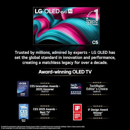 LG 164 cm (65 Inches) OLED evo C5 AI Series 4K Ultra HD (3840 x 2160) Smart webOS OLED TV OLED65C56LA 8 51W E+YEm8L