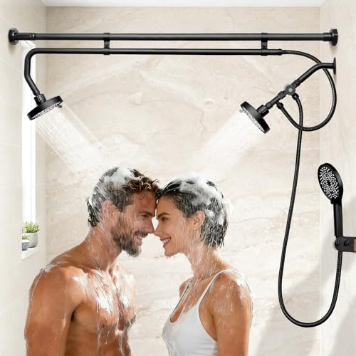 Tandem Shower Head for Couples Dual Shower System with Sliding & 180Rotation Tool-free installation of a three-head black shower with 3 spray modes
