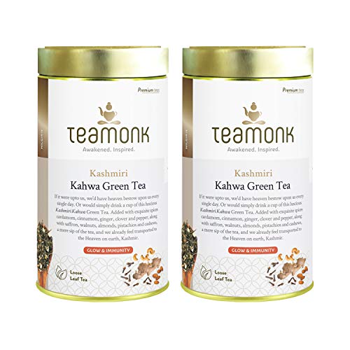 Teamonk High Mountain Kashmiri Kahwa Green Loose Leaf Tea (200 Cups) | 100% Natural Tea | Green Tea with Saffron, Ginger, Cardamom, Clove,Dry Fruits | Tea loose leaf for Glowing Skin - 14.1 oz