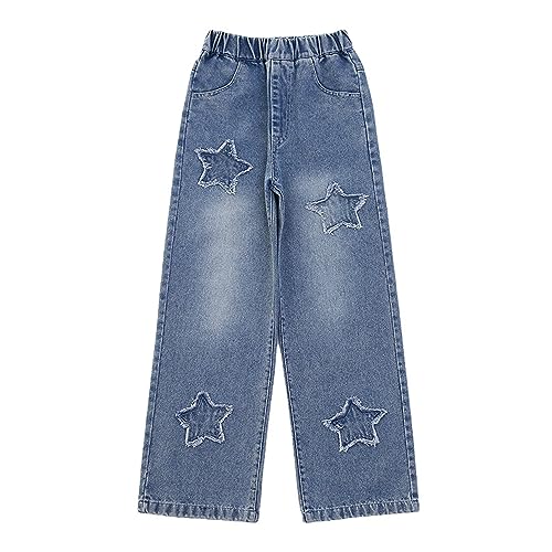 FLOWERKIDS Kids Girls Jeans Elastic Print Casual Baggy Denim Pants Straight Wide Leg Jeans Age 4-14 Years2