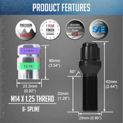 Image of Wheel Accessories Parts 20 Pcs Lug Bolt Set M14 x 1.25 Thread Acorn Seat Lug Bolts Black Finish 33mm Shank Length 6 Spline Car fits BMW 3, 4, 5, 7, 8 Series, M2, M4, M5, M8, X5, X6, X7
