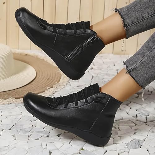 Dheva-C Vintage Ankle Booties for Women Dressy Fashion Sneakers For Women Leather Lace Up Wedge Low Heels Non Slip Ankle Booties With Side Zip Winter Fall Short Boots Walking Shoes4