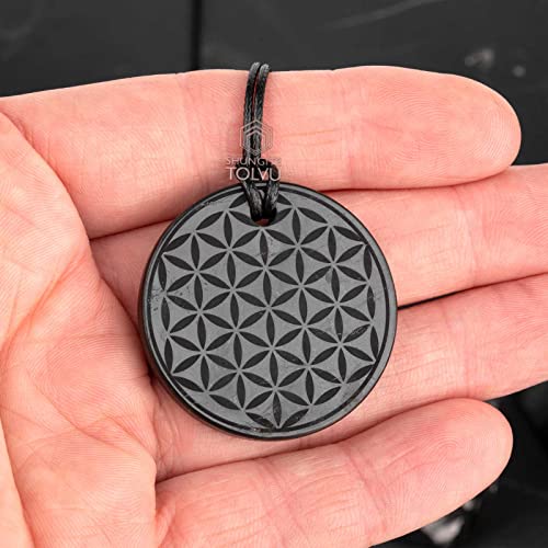 Shungite Pendants, Necklace and Amulets - Made of Authentic Russian c60 Stone - Engraved - 1.4 inches - Round Shape (Flower of Life)4