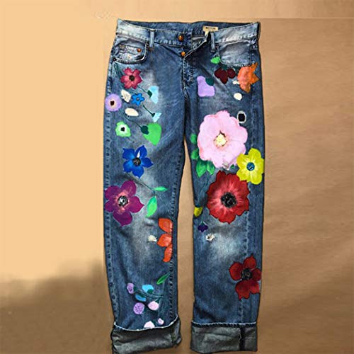 Womens Washed Boyfriend Jeans Straight Leg Floral Casual Denim Pants2