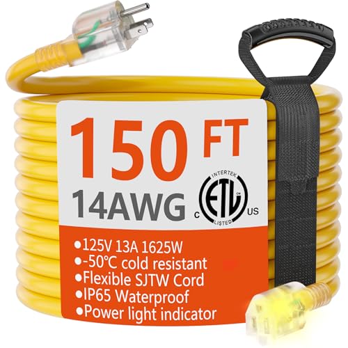 HUANCHAIN 150 ft 14/3 Gauge Heavy Duty Outdoor Extension Cord Waterproof with Lighted Flexible Cold Weather 3 Prong Electric Cord Outside 13A 1625W 125V 14AWG SJTW Yellow ETL Listed