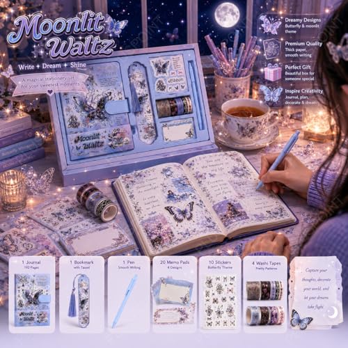Image of PLUSPOINT Butterfly Aesthetic Scrapbook Kit for Girls - A5 Lock Diary with Stickers, Washi Tape, Memo Pads & Pen, Kawaii Journal Stationery Gift Set for DIY Scrapbooking