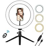 Andoer 10 inch LED Selfie Ring Light with Tripod Stand Phone Holder Remote Control 3200K-5500K Dimmable Table Camera Light Lamp 3 Light Modes 10 Brightness Level for YouTube Video Photo Studio Live