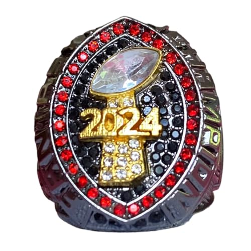 Legacy Rings 2024 Fantasy Football Championship Trophy Ring | Black Gunmetal Plated Award for Fantasy Football League Winner | Color Stones (Red Outer)
