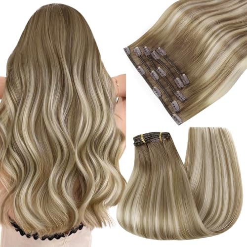 Easyouth Balayage Clip in Human Hair Extensions, 22 Inch 5pcs 85g, Balayage Clip in Hair Extensions, Medium Brown Ombre Brown with Platinum Blonde Clip in Hair Extension Real Human Hair, for Beginners