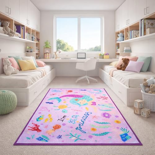 Image of Matz&More Kids Play Area Rug | 100x150 cm | Magical Mermaid Purple World Design | Soft Nylon Loop Pile Carpet with Anti-Slip Backing | Children's Play, Bed & Classroom Floorings