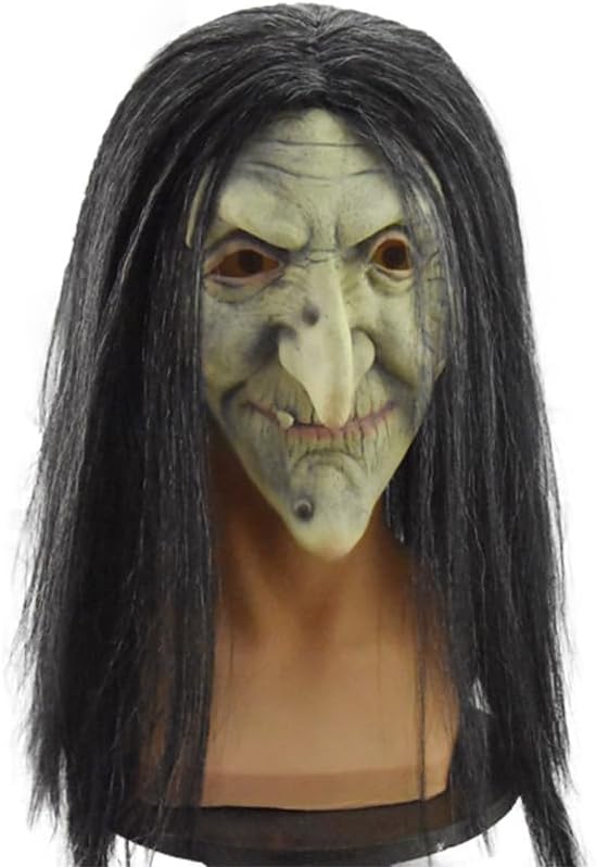 Utaomld Old Woman Witch Mask Halloween Latex Scary Masks Adult Horror Long Hair Witches Cosplay Costume Party Props
