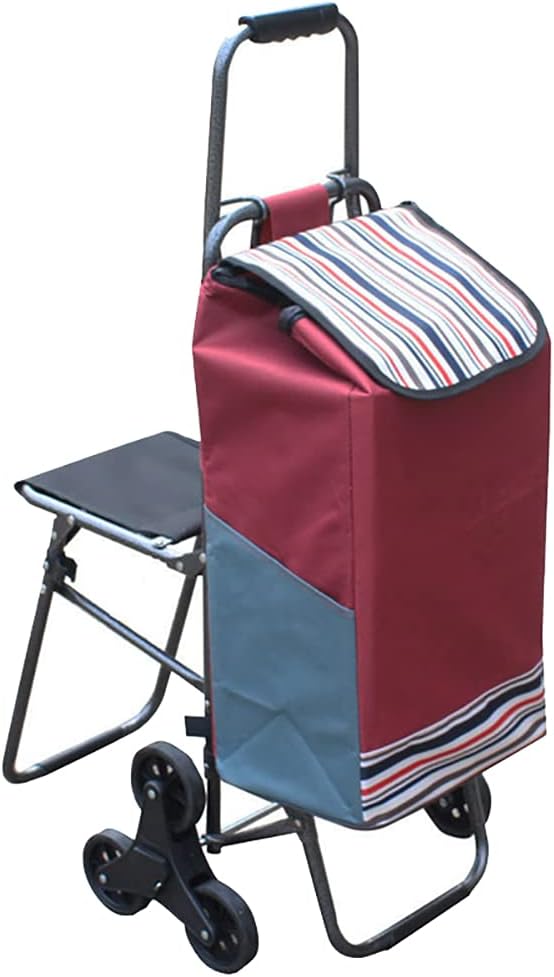 Heavy Duty Foldable Shopping Cart Bag with 6 Wheels 100kg Capaci 33L nizer Removable Seat and Stair Climbing Wheels Ideal for Market Food Market and nics（Red）
