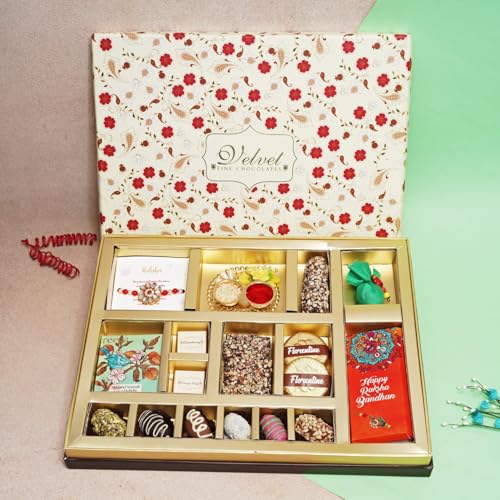 Image of Velvet Fine Chocolates Luxe Raksha Bandhan Gift Box | Premium Assorted Chocolates & Rakhi Gift Set | Perfect for Rakshabandhan | Pack of 1