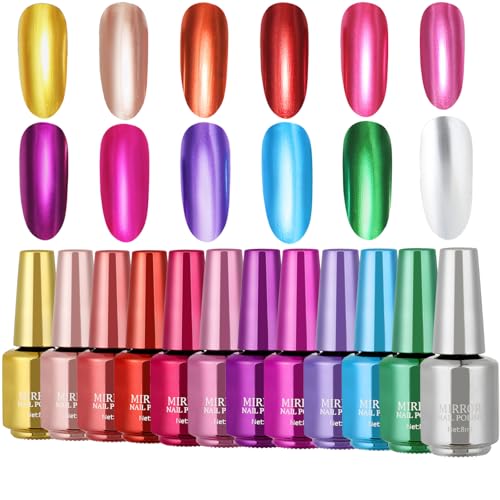 Image of Allbestaye 8ml Polish Mirror Nail Polish, Quick Drying Long Lasting Metal Nail Varnishes, Metallic Glitter Nail Polish, No UV Lamp Curing (12 colors set)