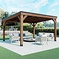 Backyard Discovery Arcadia 14' x 12' Cedar Wood Outdoor Gazebo Pavilion with Hardtop Galvanized Steel Slope Roof, Snow Support, Wind Resistance, PowerPort, Shade for Garden, Patio, Deck, Entertaining