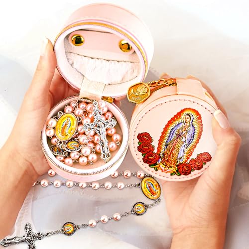 8mm Glass Pearl Catholic Rosary Necklace for Women - Our Lady of Guadalupe & Crucifix, Holy Beads with Prayer Box, Baptism & First Communion Jewelry Gift (La Rosa de Guadalupe)4