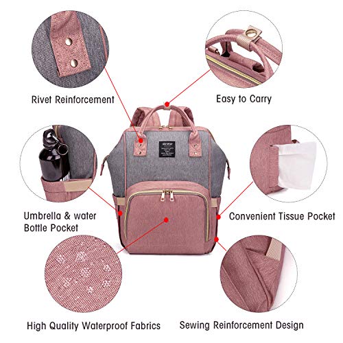 Qimiaobaby Diaper Bag Backpack,Waterproof Multifunctional Large Travel Nappy Changing Bags… (Pink With Gray) #TOP2