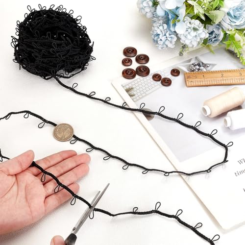 AHANDMAKER 15 Yards Braid Trim with Elastic Button Loops Black Button Loop Tape Sewing Dress Zipper Extender Buttonhole Lace Trim for Wedding Bridal Dress Costume Collars DIY Crafts - Image 3
