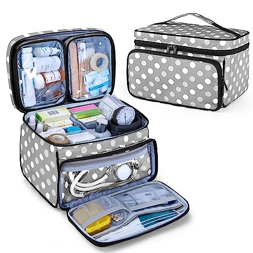 Luxja Bolsa de medicina con 2 bolsas transparentes desmontables, organizador de botellas de píldoras con separadores desmontables (apto para uso doméstico o de viaje), lunares