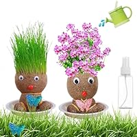 2 Stück Graskopf, Schön Graskopf Kinder 2 Stile Blumentopf Kopf Mit Einer Kleinen Sprühflasche Rasenpuppen Mit Tablett Graskopfpuppe (Grünes Gras Und Blumen)