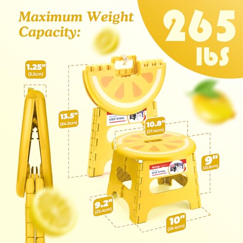 Image of Folding Step Stool 9 Inch, Sturdy Collapsible Step Stool Foldable Up to 265 lb for Kids Toddlers & Adults, Non Slip Foot Stools with Handle for Kitchen, Bathroom, Bedroom, Outdoor, Lemon Yellow
