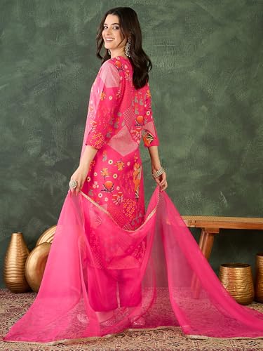 Image of Naixa Women's Lemon Chinon Embroidered Printed Straight Kurta with Green Pant | Chinon Laced Dupatta Set | 3 /4 Sleeve | V-Neck | Haldi (Available in Plus Size)