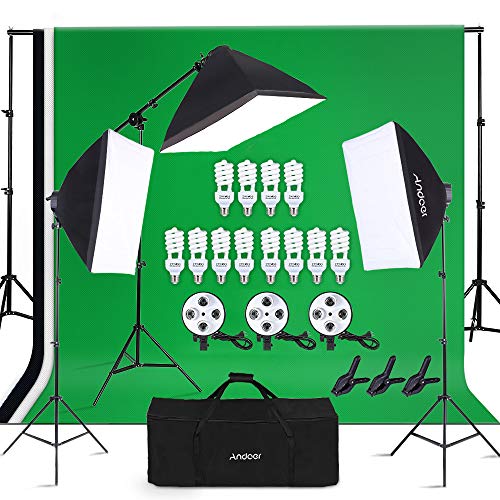 Andoer Photography Studio Lighting Kit and 6.6ft x 10ft Background Support System, Including 3pcs Backdrops(White/Black/Green) Screen with 3 pcs 20x28 Inch Softbox for Video, Portrait, Product Shoot