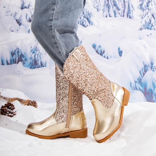 IWIHMIV Glitter Cowboy Boots for Girls Kids Western Mid Calf Boots with Zipper Soft Sole Warm Long Booties for Party3