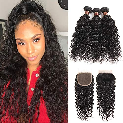 Ossilee Water Wave Bundles with Closure Brazilian Human Hair 3 Bundles with Free Part Lace Closure Natural Wave Bundles with Closure Natural Color (20 22 24+18)