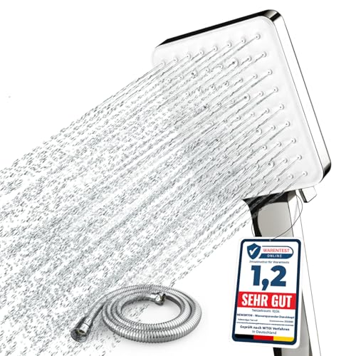 Newentor Duschkopf [TESTSIEGER], Eckig Duschkopf Hochdruck Duschbrause Handbrause mit 6 Strahlarten, Golden (mit Schlauch 1,5M)