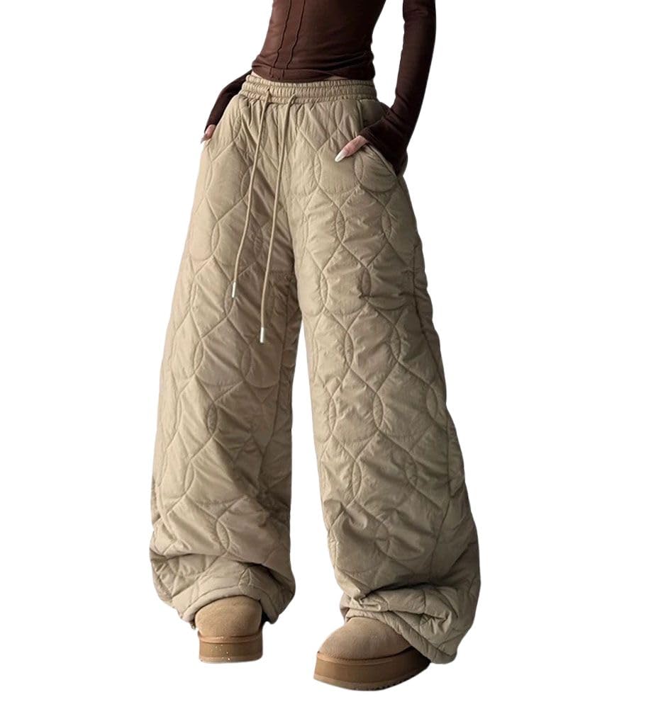 chouyatou Women Winter Warm Cotton Padded Pants Elastic Waist Baggy Wide Leg Quilted Pants Trousers with Pockets
