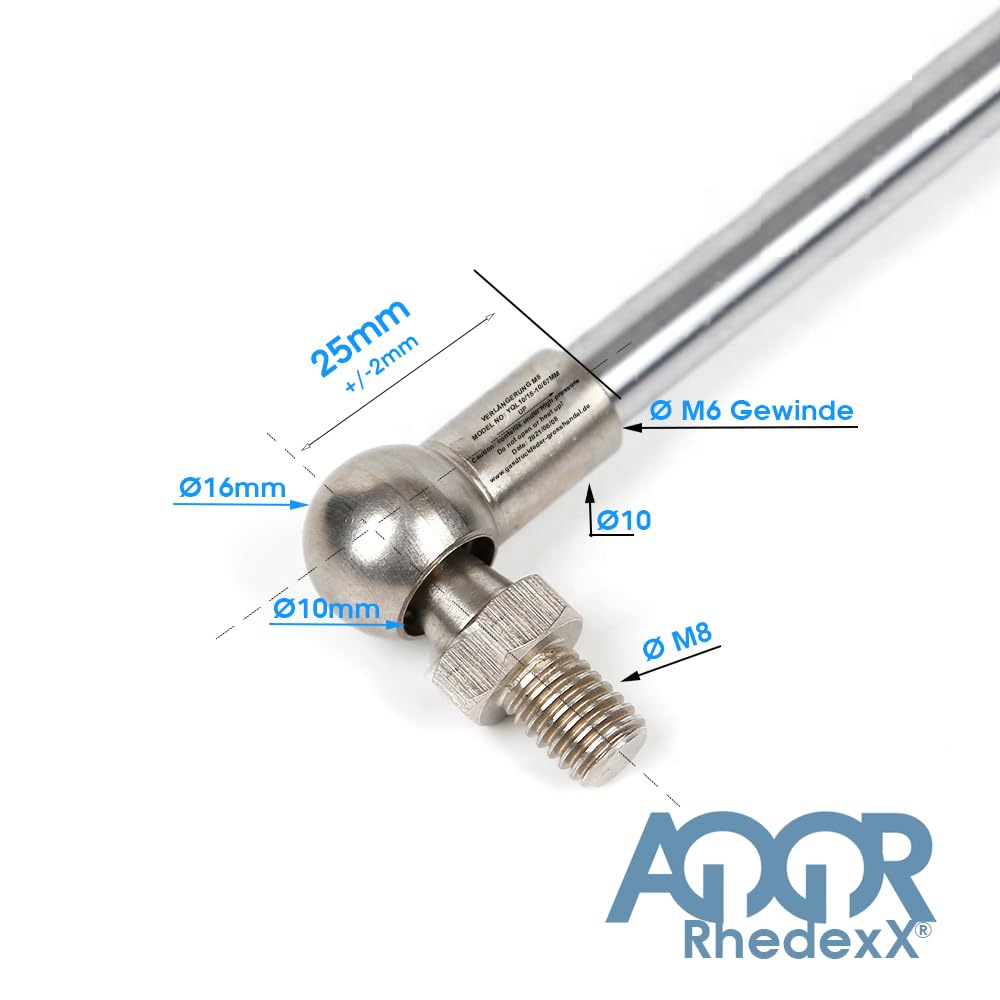 RhedexX® Vérin à gaz 550 mm/230 mm/50N-800N – Longueur 550 mm, course 230 mm, force : 50N-800N, ressort à gaz avec rotule d'angle M6 (550/230/050N